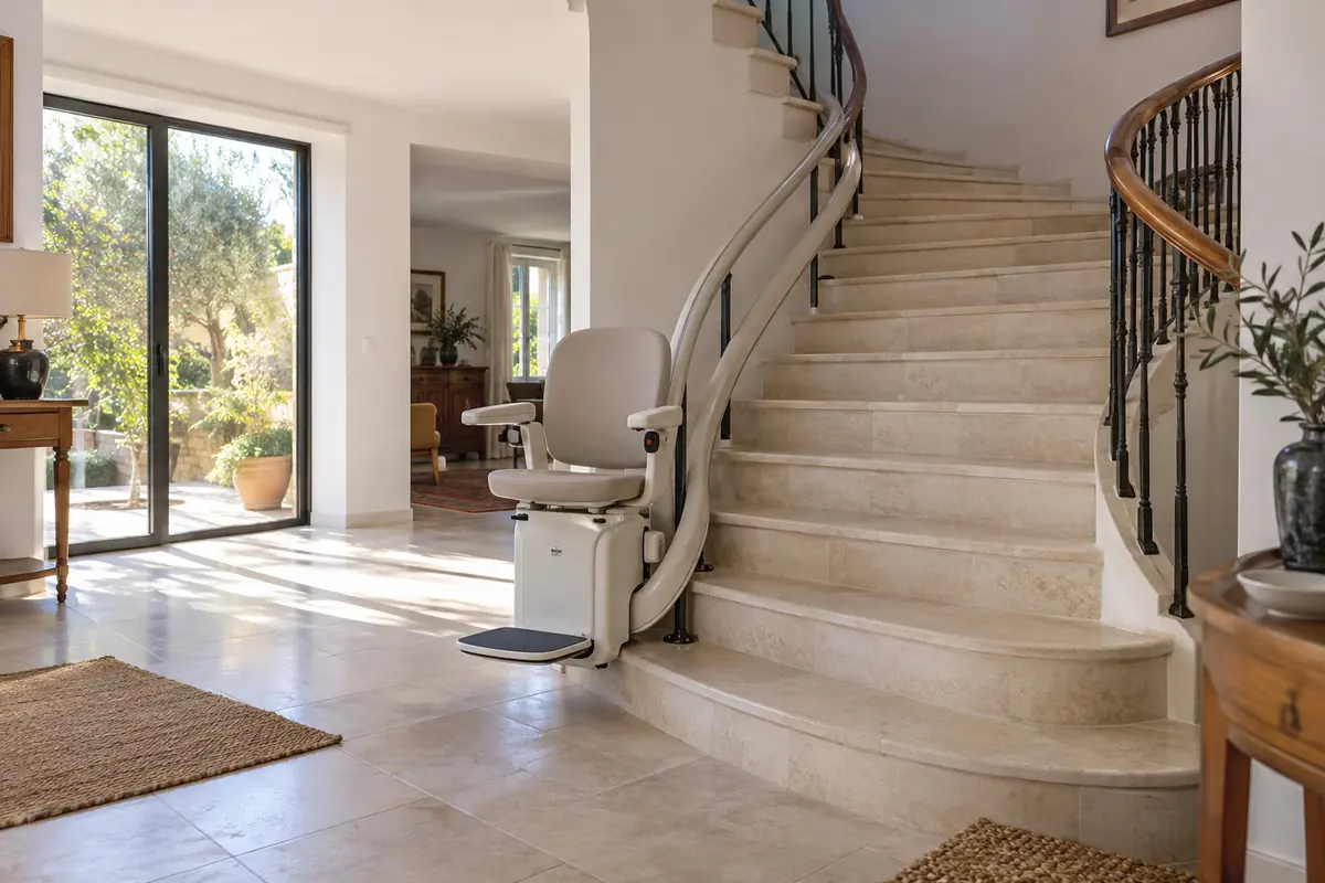 Siège monte-escalier dans une maison aux marches de pierre claire